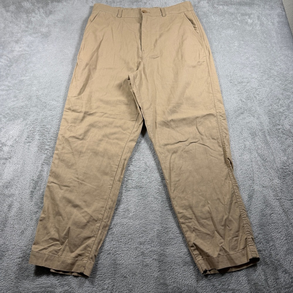 Uniqlo Linen Cotton Tapered Pants Womens Large Beige Elastic Waist Flat Front